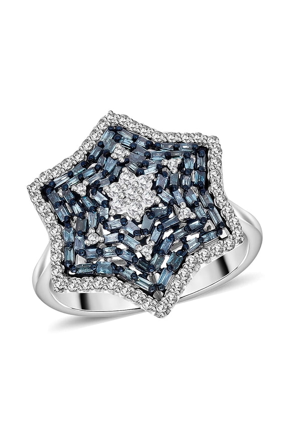 Blue White Diamond  925 Sterling Silver Platinum Plated Cluster Ring for Women Jewelry Birthday Christmas Gifts Size 7 Ct 0.8