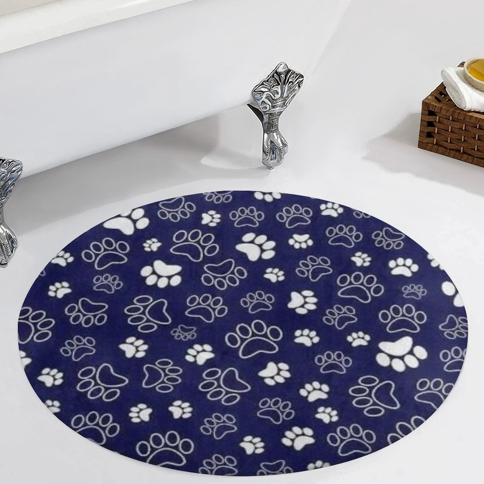 Blue And White Dog Paws on Dark Blue Background Round Carpet Circle Rug ...