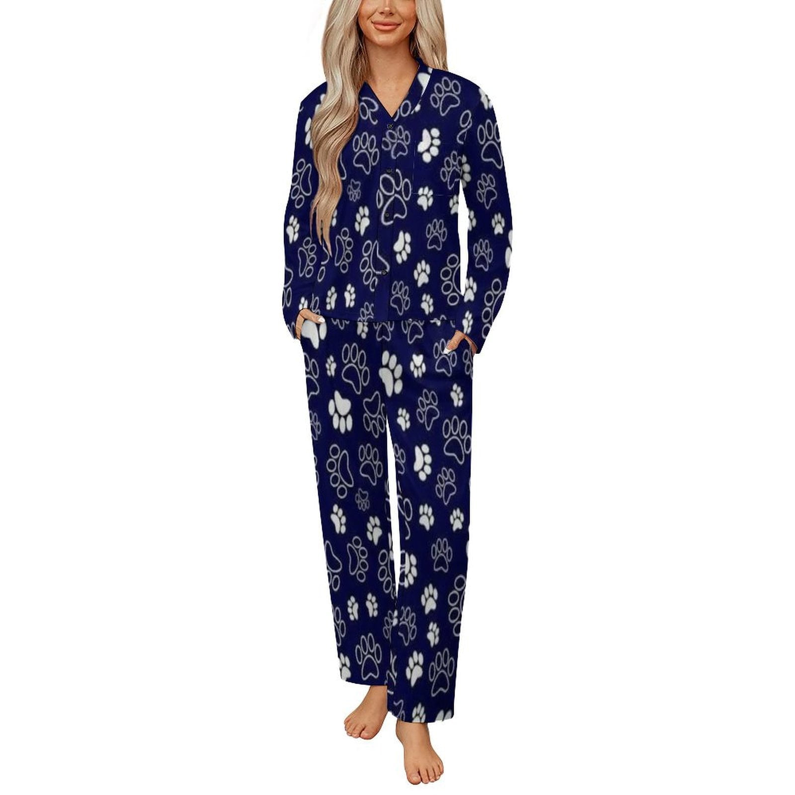 Button Pyjamas Blue And White Dog Paws on Dark Blue Background Womens Pyjamas Set ...