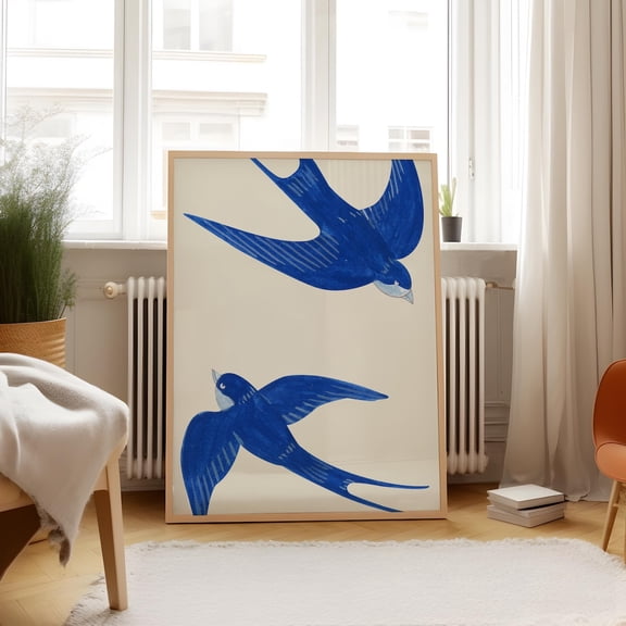 Blue White Doves Illustration Decor Wall Art Unframed Paper Print