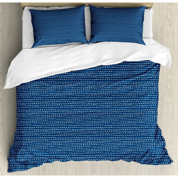 Blue and White Duvet Cover Set Queen Size, Hand Drawn Style Pattern with Geometric Shapes Minimalist Triangles, Decorative 3 Piece Bedding Set with 2 Pillow Shams, Navy Blue White, by Ambesonne
