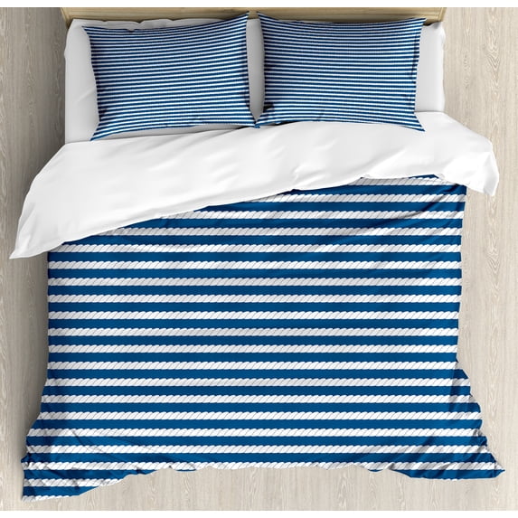 Blue and White Duvet Cover Set, Yacht Navy Marine Themed Stripe Pattern on Blue Toned Background, Decorative 3 Piece Bedding Set with 2 Pillow Shams, King Size, Blue and White, by Ambesonne