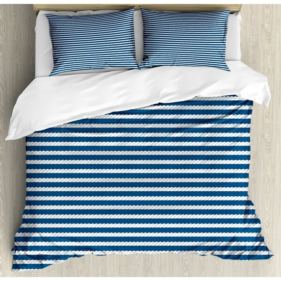 Blue and White Duvet Cover Set, Yacht Navy Marine Themed Stripe Pattern on Blue Toned Background, Decorative 3 Piece Bedding Set with 2 Pillow Shams, Calking Size, Blue and White, by Ambesonne
