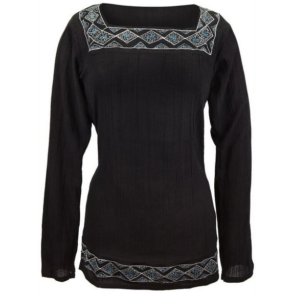 Blue & White Embriodery - Black Blouse - Small