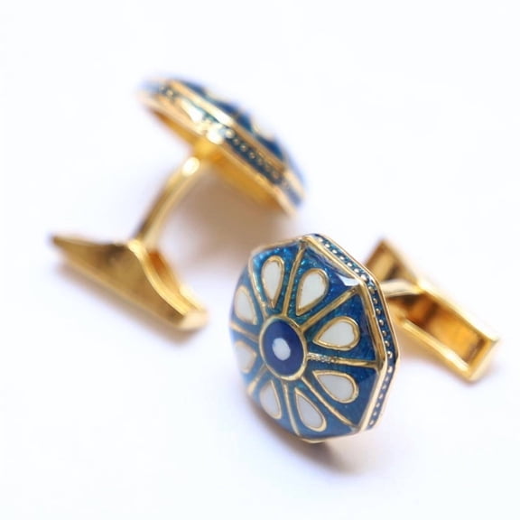 Blue White Enamel Octagon Shape Mughal Pattern Silver Cufflinks Elegant Gift for Weddings Anniversaries and Special Occasions Handcrafted Luxury Jewelry For Men's