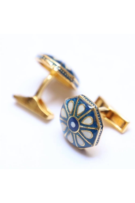 Blue White Enamel Octagon Shape Mughal Pattern Silver Cufflinks Elegant Gift for Weddings Anniversaries and Special Occasions Handcrafted Luxury Jewelry For Men's