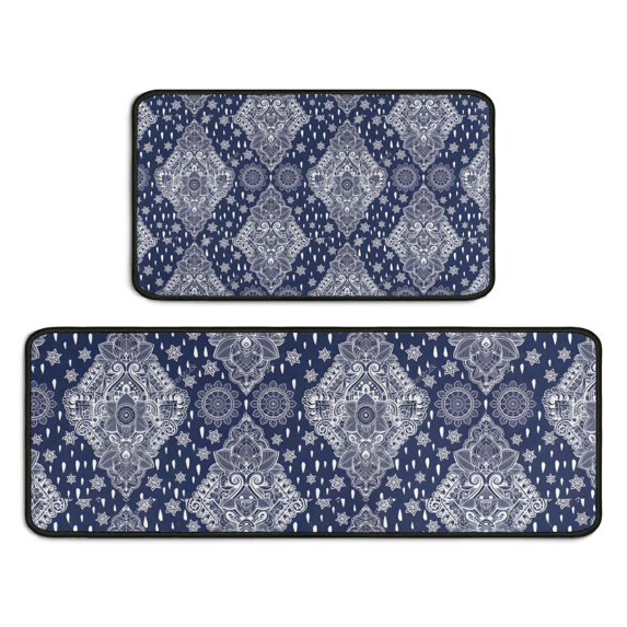 Blue and White Ethnic Floral Pattern Kitchen Rugs Sets Of 2,Anti Fatigue Kitchen Mat Rugs Non Slip Washable,Decorative Kitchen Floor Mats for Kitchen,Sink,Laundry,17"X30"+17"X47"