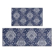 Blue and White Ethnic Floral Pattern Kitchen Rugs Sets Of 2,Anti Fatigue Kitchen Mat Rugs Non Slip Washable,Decorative Kitchen Floor Mats for Kitchen,Sink,Laundry,17"x30" 17"x47"