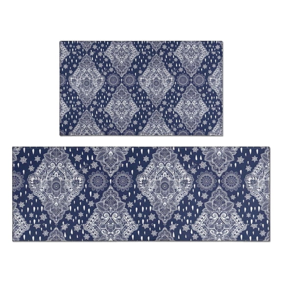 Blue and White Ethnic Floral Pattern Kitchen Rugs Sets Of 2,Anti Fatigue Kitchen Mat Rugs Non Slip Washable,Decorative Kitchen Floor Mats for Kitchen,Sink,Laundry,17"x30"+17"x47"
