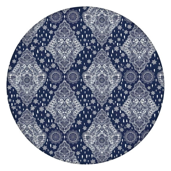 Blue and White Ethnic Floral Pattern Round Fitted Tablecloth with Elastic Edge,Dining Table Cover Waterproof,Outdoor Round Tablecloth for Camping,Dining,Indoor and Outdoor