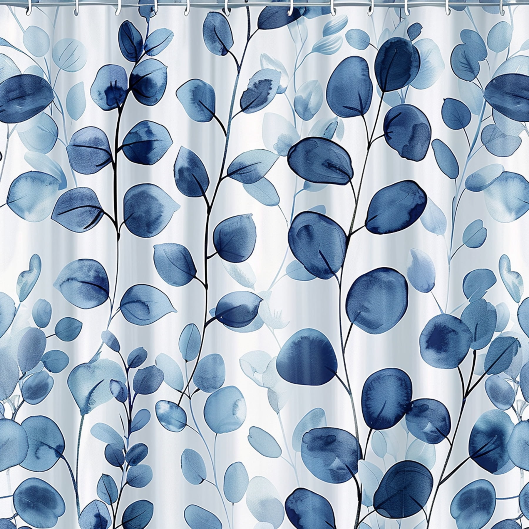 Blue & White Eucalyptus Watercolor Shower Curtain Handdrawn Style