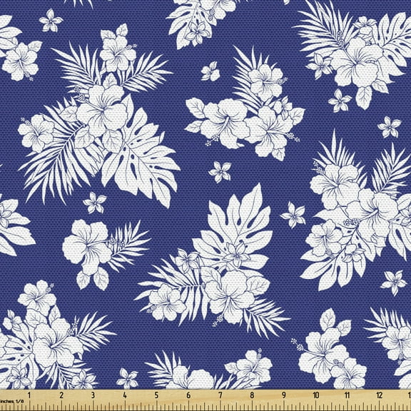 Ambesonne Blue and White Fabric by the Yard Upholstery, Silhouette of Flower, 2 Yards, Blue White
