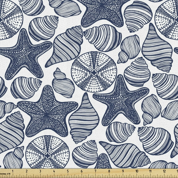 Ambesonne Blue and White Fabric by the Yard Upholstery, Starfish Shells, 5 Yards, Dark Blue and White
