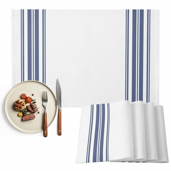 Blue White Farmhouses Stripes Placemats Set of 2, Modern Minimalist Table Mats Washable Heat-Insulation Non-Slip Place Mats for Kitchen Dinner Table Indoor Outdoor Decor,13x19 Inch