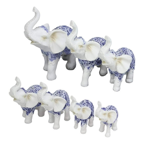 Blue White Feng Shui Miniature Thai Buddhism Elephants With Trunks Up Set of 7