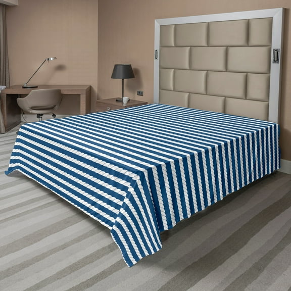 Ambesonne Navy Flat Sheet, Stripes Pattern, California King, Blue and White
