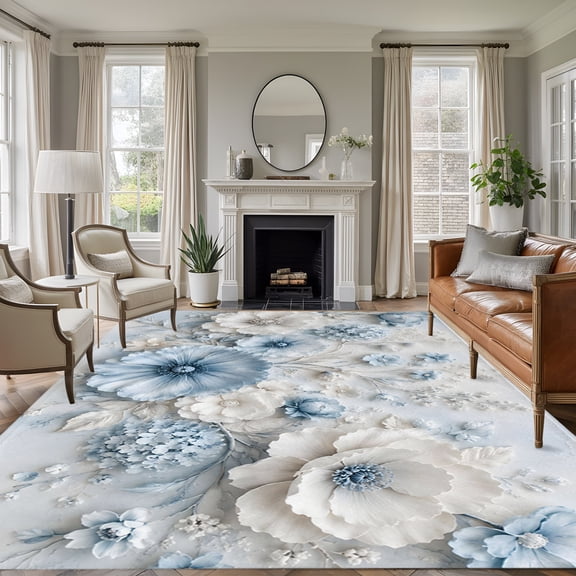 Blue White Floral 8'x10' Area Rug for Living Room, Modern Chic Blooming Flowers Leaves Washable Non-Slip Large Carpet for Bedroom Dining Room, Non-Shedding Soft Accent Rug for Kitchen