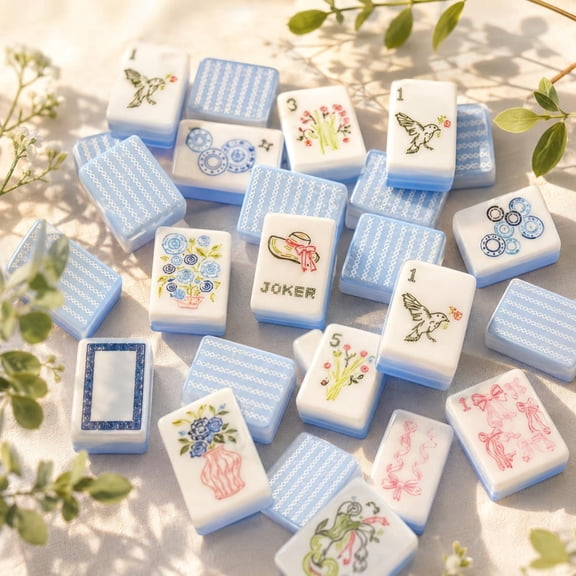 Blue & White Floral American Mahjong Set, 160 Acrylic Tiles, Travel Game Set with Bag