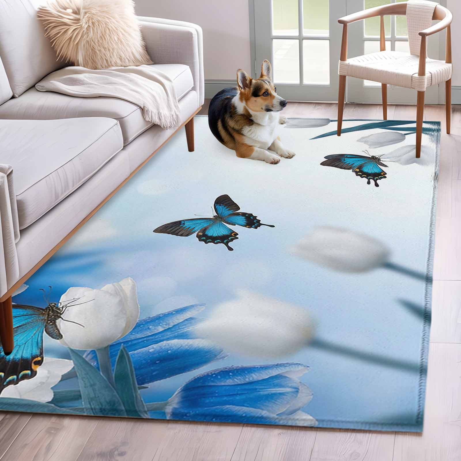 Blue White Floral Area Rugs 2.7'x5', Washable Small Throw Rugs for ...