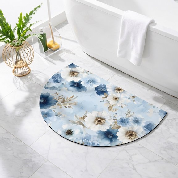 Blue White Floral Bathroom Rug Cute Half Circle Bath Mat Non-Slip Washable Semi Circle Bath Rug Oil Painting Farmhouse Chic Flowers Floor Mat for Bathroom Kitchen Bedroom Shower Decor 16"x24"