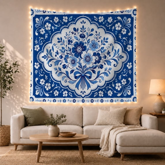 Blue and White Floral Bouquet in Scalloped Frame, Cheerful Boho Art for Flower Lovers, Classic Botanical Wall Decor, Housewarming Gift Tapestry Wall Hanging for Bedroom and Living Room