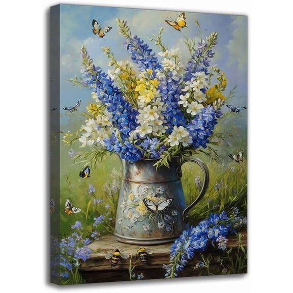 Blue White Floral Canvas Wall Art Print - Framed Country Aesthetic Wild Landscape Painting, Wall Decor For Living Room Dining Area Bedroom Cafe Farmhouse Spring/Summer Room Decoration (8W" X 12L")