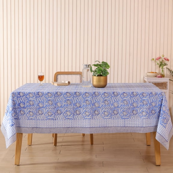Blue & White Floral Cotton Tablecloth – Sanganeri Handblock Print Table Cover – Washable Indian Dining Table Linen (72x135 Inches)