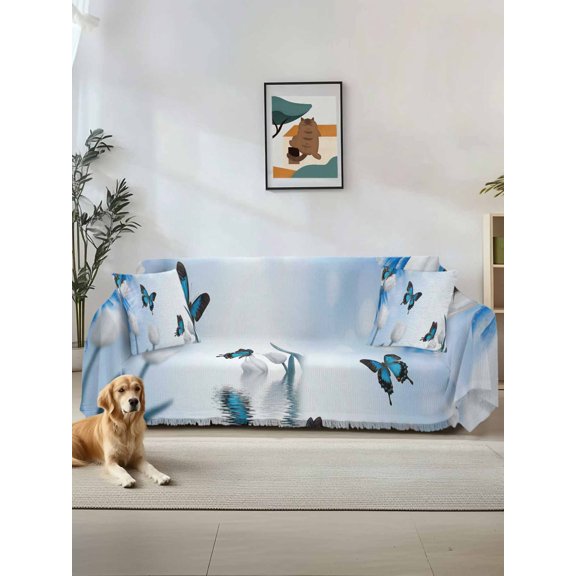 Blue White Floral Couch Cover for Dogs, Ombre Tulips Modern Art Spring Washable Sofa Covers Slipcover for Pets Dogs Futon Cover, Couch Recliner Covers, Oversized Chair Slipcover 71"x91"