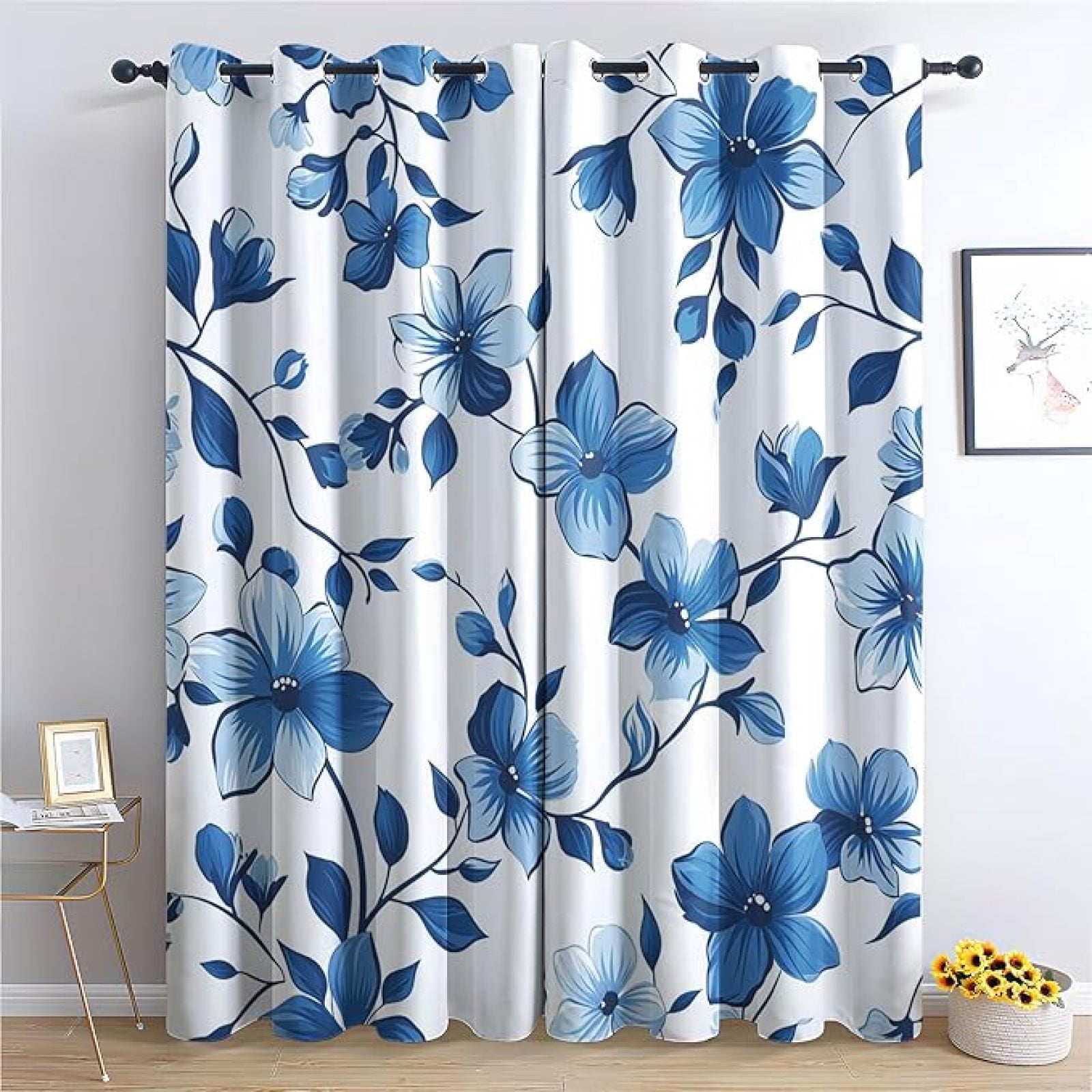 Blue And White Floral Curtains For Bedroom, Farmhouse Flower Curtain