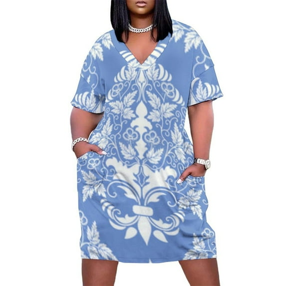 Blue White Floral Damask Pattern Women's Loose Short Sleeve Dress Casual Summer Plus Size Long Dresses with Pockets