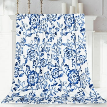 Blue White Floral Fuzzy Blanket Chinoiserie Flower Throw Blanket Decorative Soft Cozy Flannel Blanket for Home Bed Sofa Couch Chair, 50 x 60 Inch