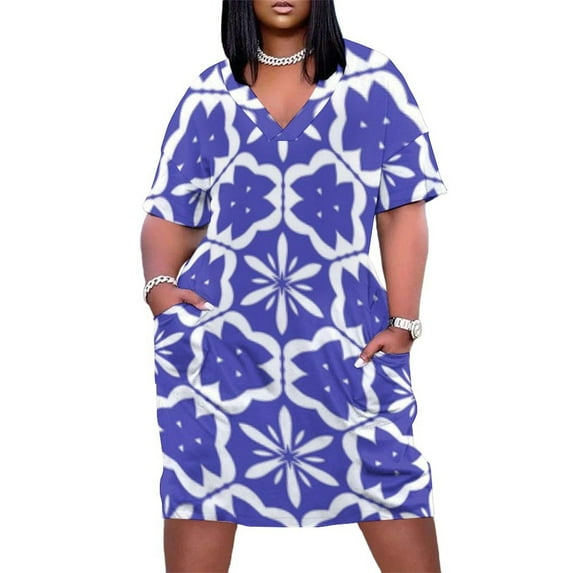 Blue White Floral Geometric Pattern Summer Sundress for Curve Women Casual Pattern Plus Size V Neck Short Sleeve Loose Fit Oversize Dresses