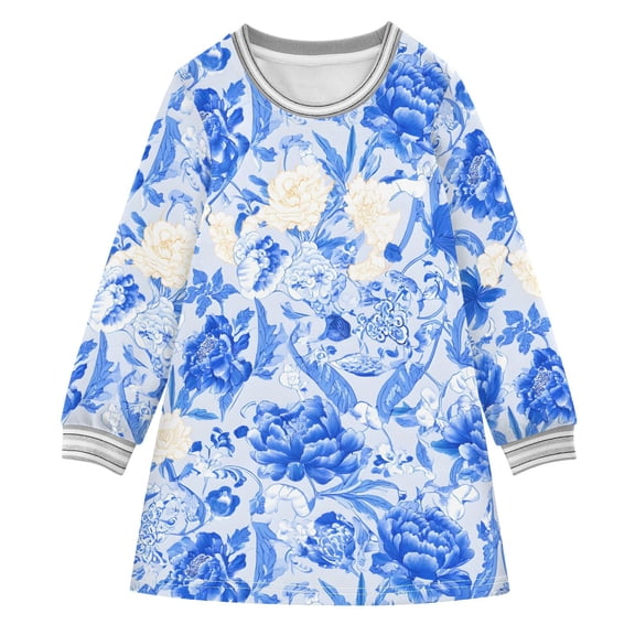 Blue White Floral Girls'long-sleeved dress Thickened A-dress Warm Dress Basic Shirt Party Dresses