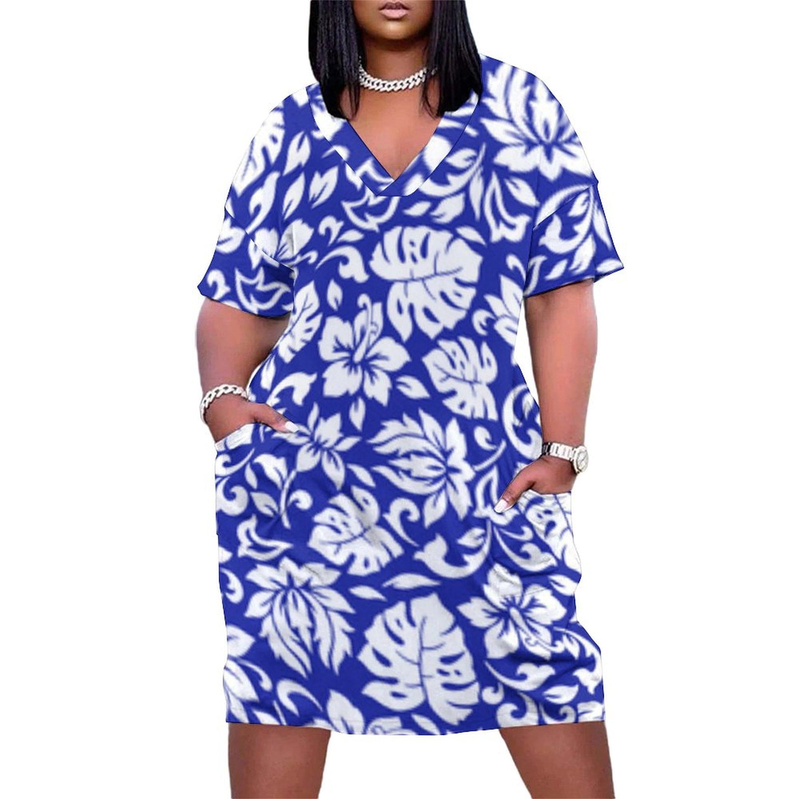 knee length dresses for ladies Hawaiian Muumuu Naomi Slit Dress Long [ Monstera Lei ] Blue / XL / Polycotton