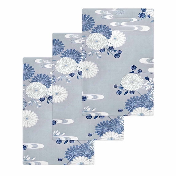 Blue White Floral Kitchen Dish Towels for Drying Dishes Set of 3, Spring Botanical Leaves Farmhouse Waffle Weave Microfiber Hand Tea Bathroom Towels Quick Dry & Absorbent Towel 15.7x23.6