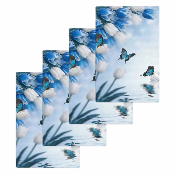 Blue White Floral Kitchen Dish Towels for Drying Dishes Set of 4, Ombre Tulips Modern Art Spring Waffle Weave Microfiber Hand Tea Bathroom Towels Quick Dry & Absorbent Towel 15.7x23.6