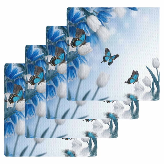 Blue White Floral Kitchen Dish Towels for Drying Dishes Set of 4, Ombre Tulips Modern Art Spring Waffle Weave Microfiber Hand Tea Bathroom Towels Quick Dry & Absorbent Towel 12x12