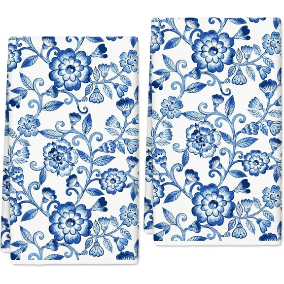 Blue White Floral Kitchen Towel Vintage Boho Flower Dish Towels 18 x 26 Inch Hand Drying Tea Towel for Cooking Baking Cleaning, 2Pcs