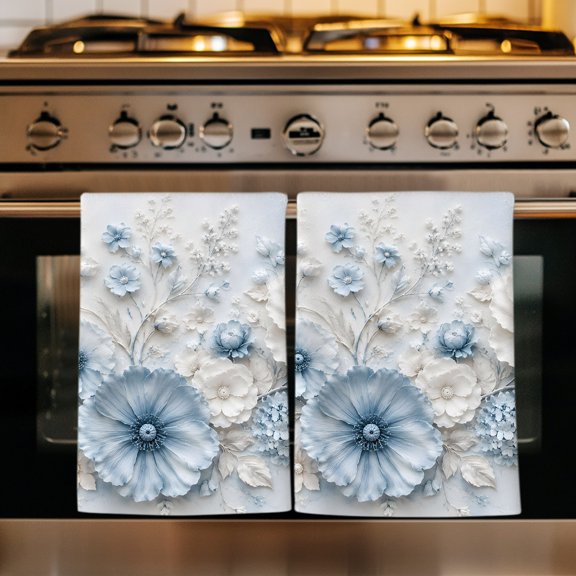 Blue White Floral Kitchen Towels Set of 1, Modern Chic Blooming Flowers Leaves Absorbent Dish Towels for Kitchen, Microfiber Hand Towel, Quick Drying Tea Towel for Cleaning Decorative Dishcloths