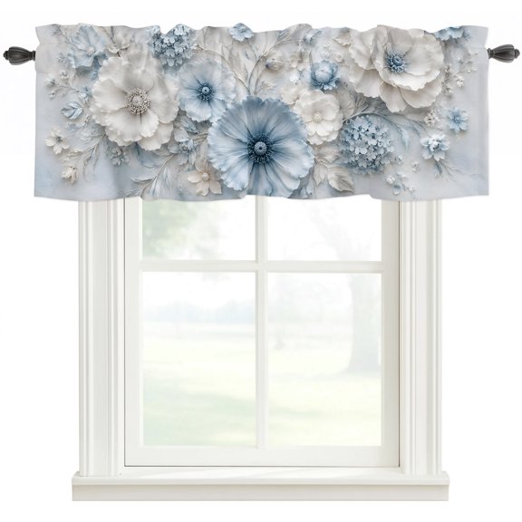 Blue White Floral Kitchen Valances for Windows, Modern Chic Blooming Flowers Leaves Bathroom Window Valances 42x12 Inch Rod Pocket Window Treatments Valance Curtains for Living Room Bedroom Decor