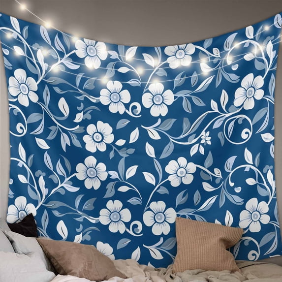 Blue White Floral Large Tapestry for Bedroom Wall Hanging Tapestry, Farmhouse Retro Botanical Leaves Ceiling Backdrop Tapestries Poster Blanket Wall Decor for Teens Room Living Room Dorm 86" x 104"
