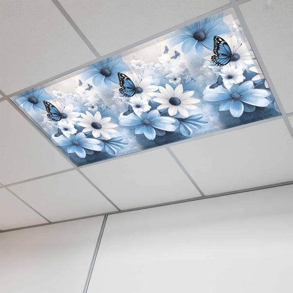 Blue White Floral Magnetic Fluorescent Light Covers for Ceiling Lights 2x4Ft, Elegant Rustic Butterfly Botanical Office Classroom Kitchen Drop Ceiling Light Covers Lighting Filters Shade Panel 1 Pack