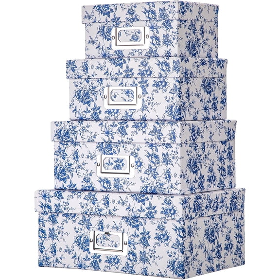 Blue White Floral Nested Decorative Storage Boxes with Lids