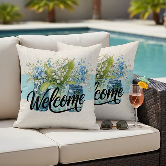 Blue White Floral Outdoor Waterproof Throw Pillow Covers Set of 2, 16"x16", Welcome Script Botanical Blue Stripe Linen Texture Decorative Pillow Covers Outside Cushion Case for Patio Porch Garden