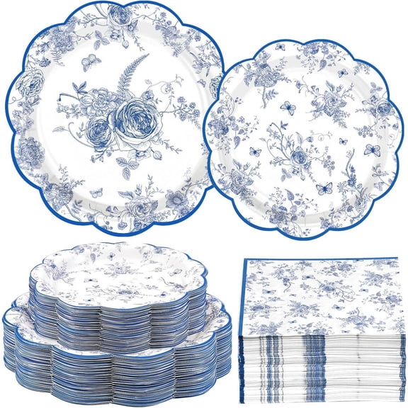 Blue and White Floral Party Supplies Paper Plates and Napkins Disposable Vintage Flower Scalloped Tableware Set for Bridal Shower Decoration Wedding Tea Party