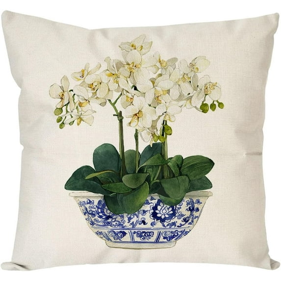 Blue and White Floral Pillow Cover 18x18 Inch Chinoiserie Porcelain Ginger Jar Grandmillennial Green Outdoor Farmhouse Decorations Decorative Throw Pillows Cases for Home Room Couch Decor