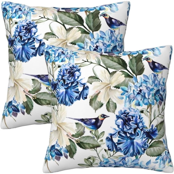 Blue and White Floral Pillow Covers 18x18 Set of 2, Spring Hydrangea Hibiscus Flower Throw Pillow Covers Outdoor Decorative Pillow Case for Couch Bed Sofa Cushion Home Decor