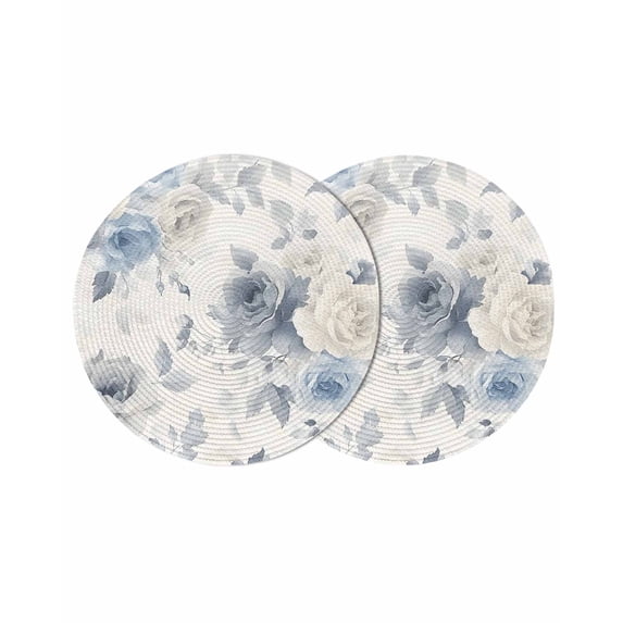 Blue White Floral Round Placemats Set of 2 for Dinning Tables,Heat-proof Braided Table Mats 15 Inch,Botanical Garden Flowers Leaves Washable Place Mat for Kitchen Restaurant Party Decor Table Setting