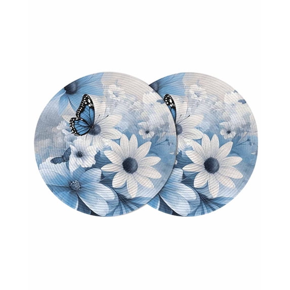 Blue White Floral Round Placemats Set of 2 for Dinning Tables,Heat-proof Braided Table Mats 15 Inch,Elegant Rustic Butterfly Botanical Washable Place Mat for Kitchen Restaurant Party Table Decor