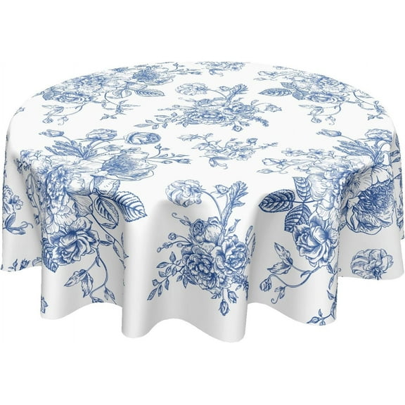 Blue White Floral Round Tablecloth 60 Inch Spring Summer Tablecloth Chinoiserie Flower Bird Table Cloth Rustic Washable Polyester Table Cover for Kitchen Dining Room Party Indoor Outdoor Home Decor